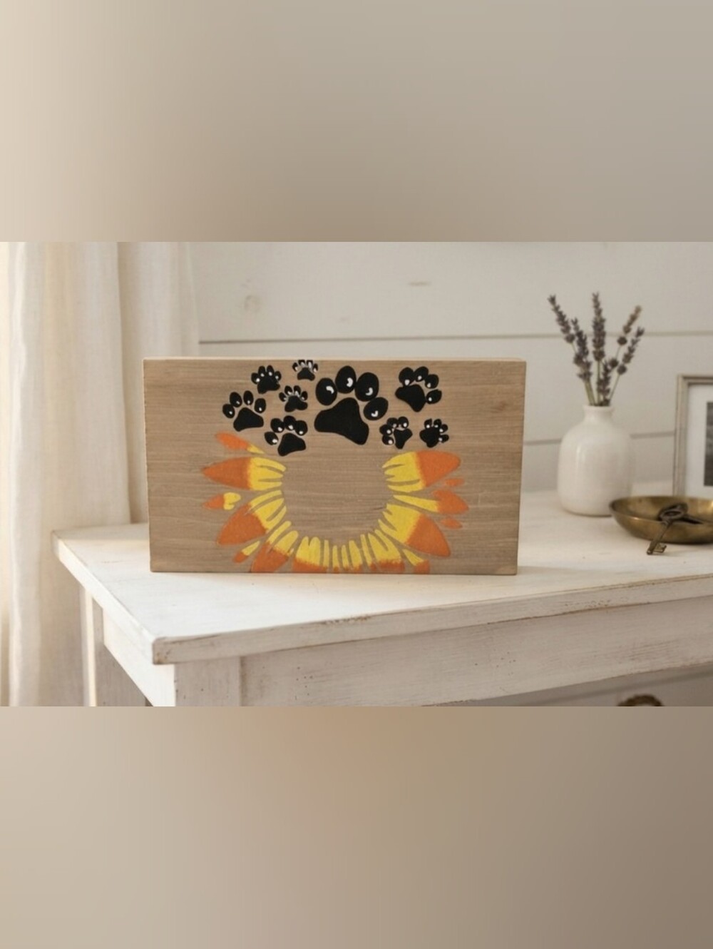 Wooden Paw & Sunflower Sign - Black, Orange, Yellow